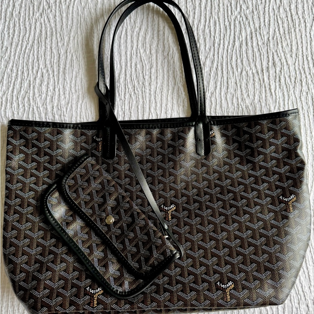 Inspired Goyard Brown and Black Chevron-Patterned Tote with Pouch - Picture 3 of 5